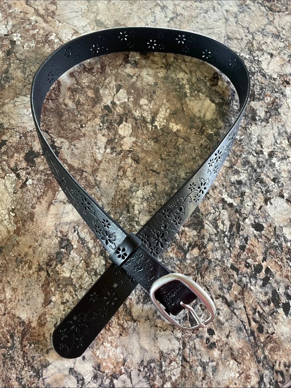 Black Floral Cutout Leather Accent Belt Minimalist Silver Buckle Women's M Boho